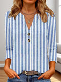 Women'S Casual V-Neck Striped Print Long Sleeve Top 