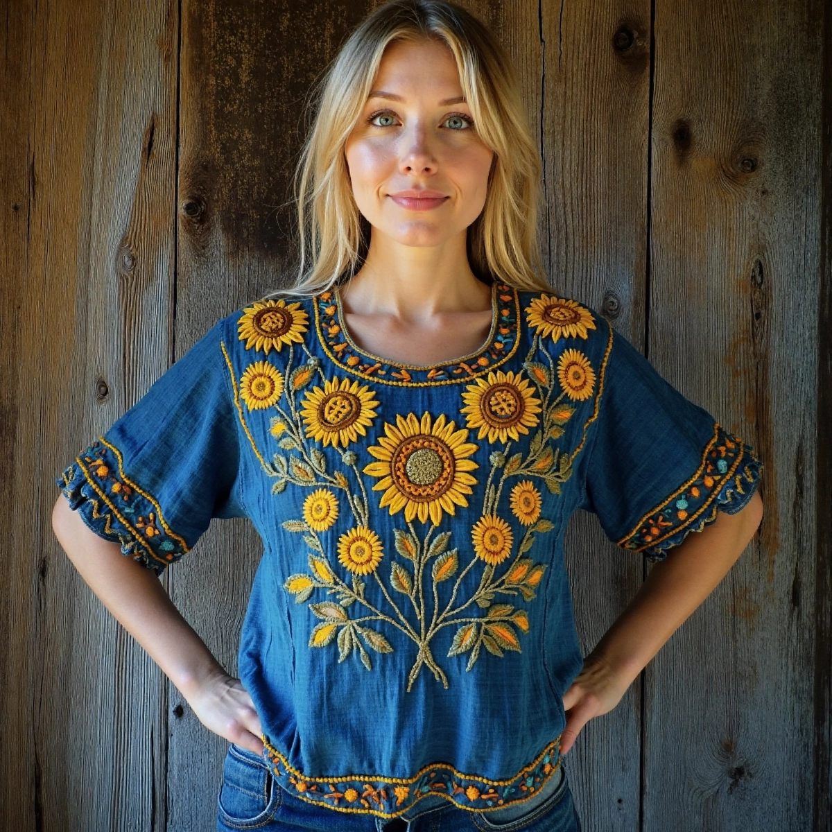 Vintage Sunflower Folk Floral Linen T-shirt elevenforest