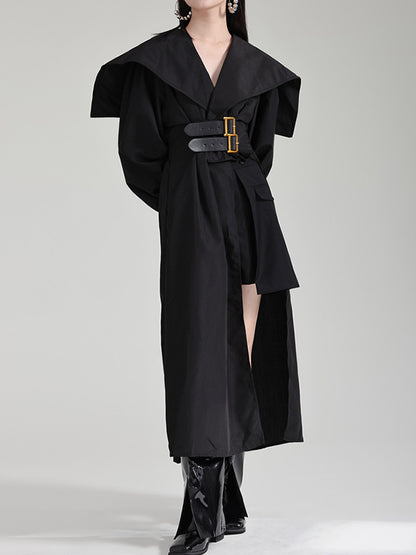 High Waisted Long Sleeves Asymmetric Belted Pleated Color Lapel Midi Dresses