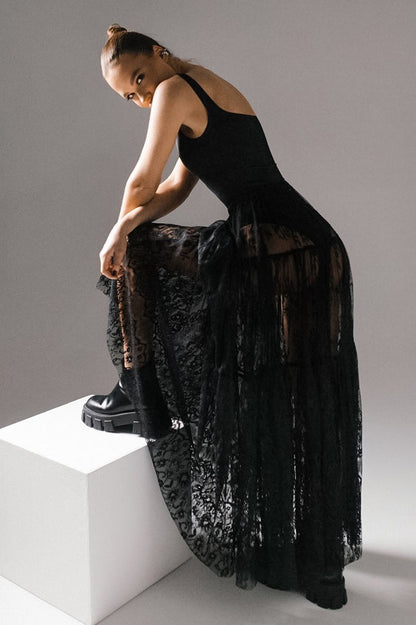 High Waist Black Lace Sheer Skirt