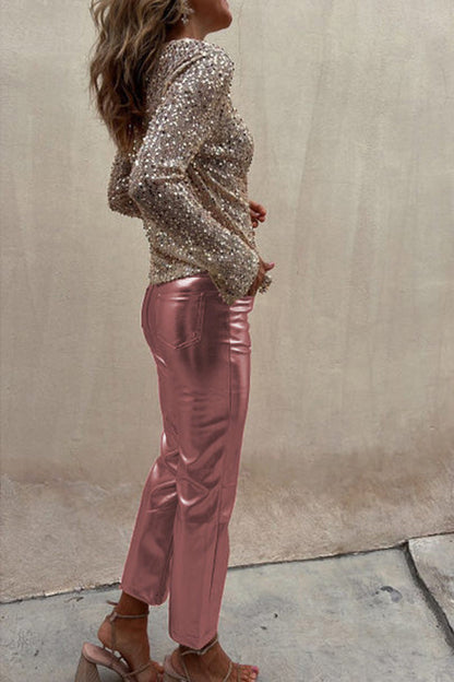 Sinclair Metallic Faux Leather High Rise Pocketed Straight Pants(shipped Within 24 Hours)