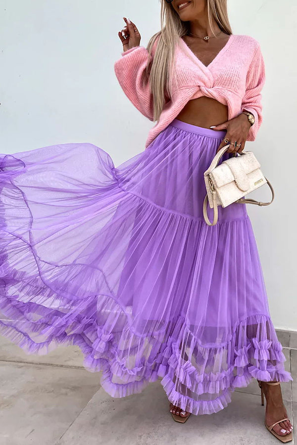 Tulle Stretch Waist Paneled Pleated Maxi Skirt