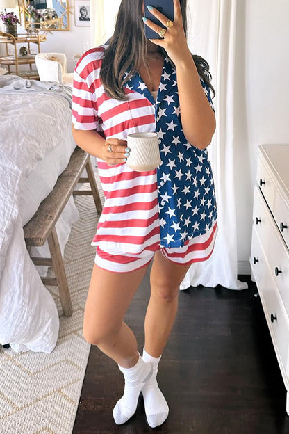 Summer Adventures Unique Print Pocket Loose Shirt and Elastic Waist Shorts Pj / Vacay Set