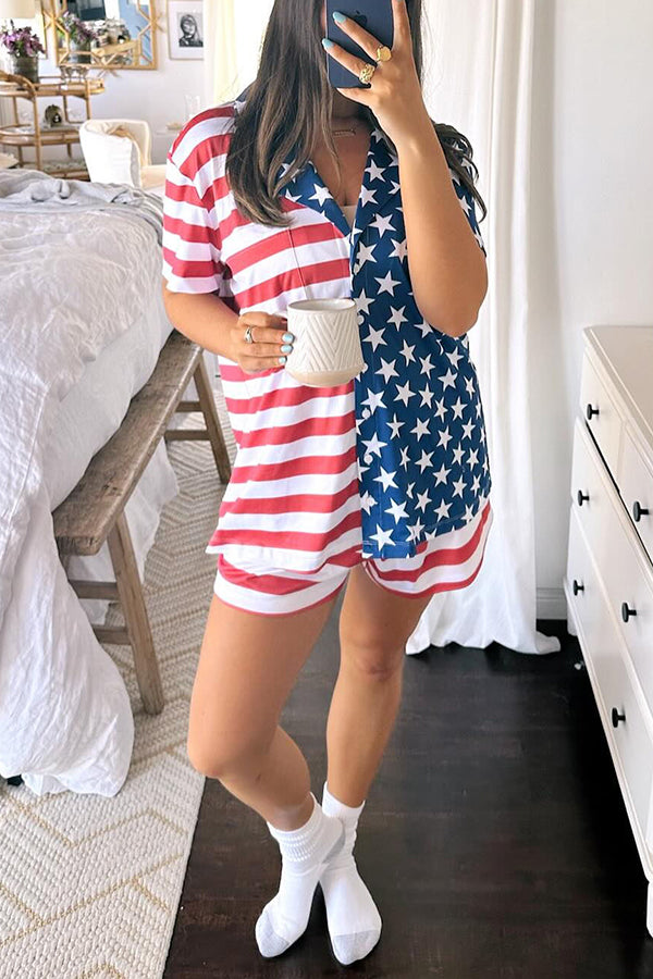Summer Adventures Unique Print Pocket Loose Shirt and Elastic Waist Shorts Pj / Vacay Set