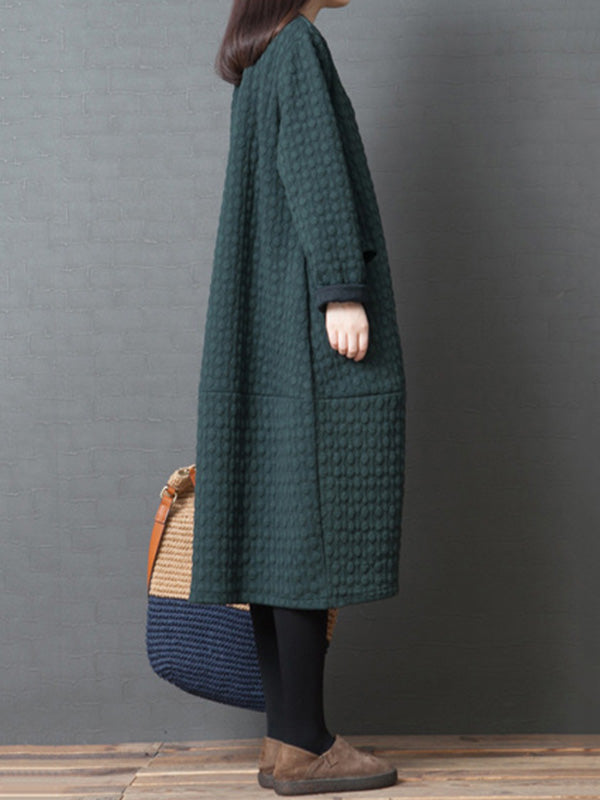 Loose Color Split-joint With Pocket Round-neck Long Sleeves Midi Dress