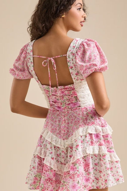 Lace Patchwork V Neck Puff Short Sleeve Mini Dress