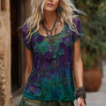 Women's Vintage Purple Floral Gradient Crew Neck T-shirt elevenforest