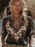 Bohemian Romantic Rose Embroidery Vintage Casual V-neck Short-sleeved Shirt elevenforest