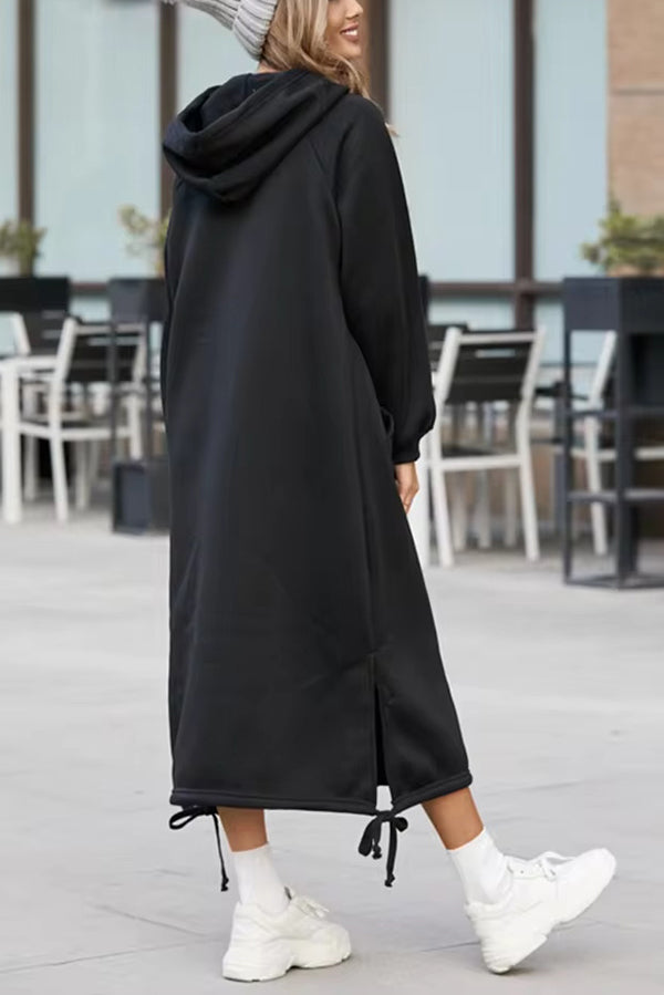 Color Hooded Lace-up Pocket Sweatshirt Style Midi Dress