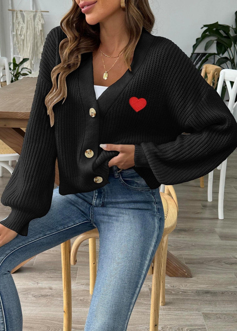 Heart Embroidered Button-up Knit Cardigan