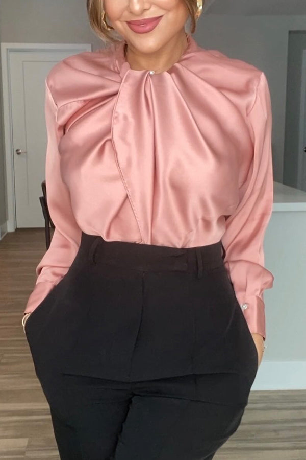 Switch Styles at Will Satin Botton Up Long Sleeve Relaxed Blouse