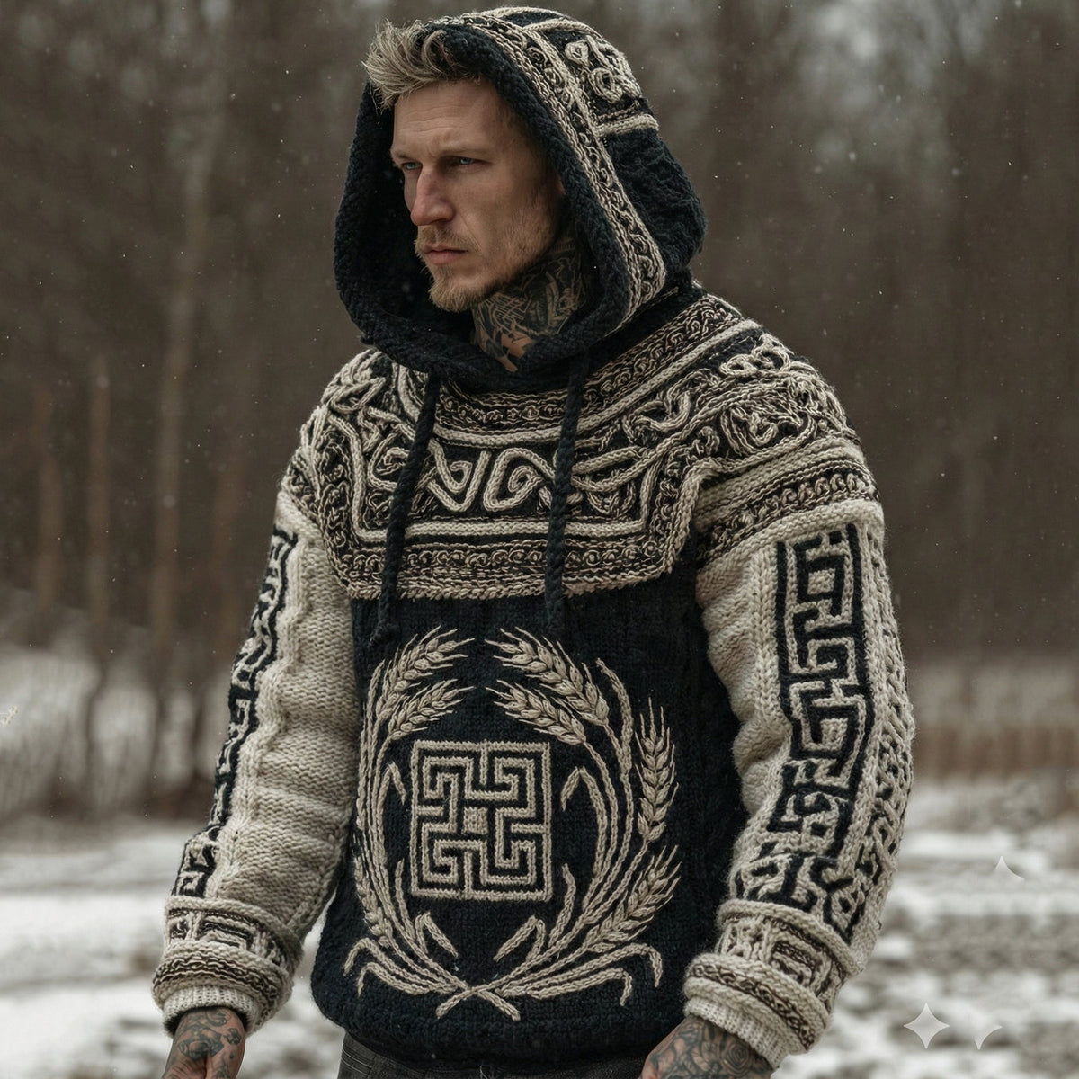 Men's Vintage Greek Key With Wheat Sheaf Art Pattern Casual  Cozy Knit Hooded Sweater elevenforest