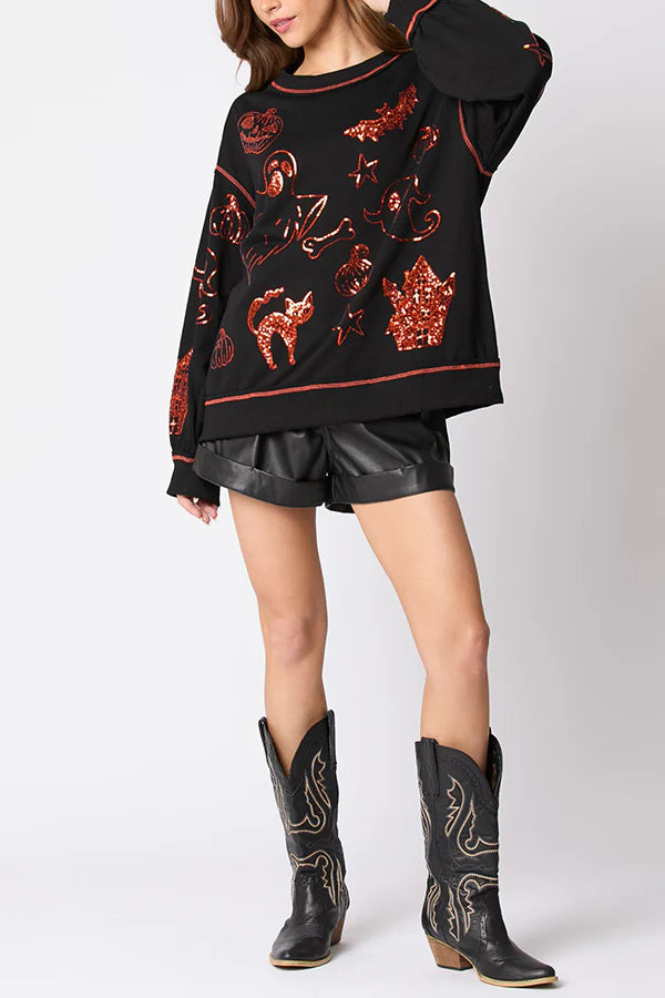 Halloween Graffiti Sequined Loose Sweatshirt