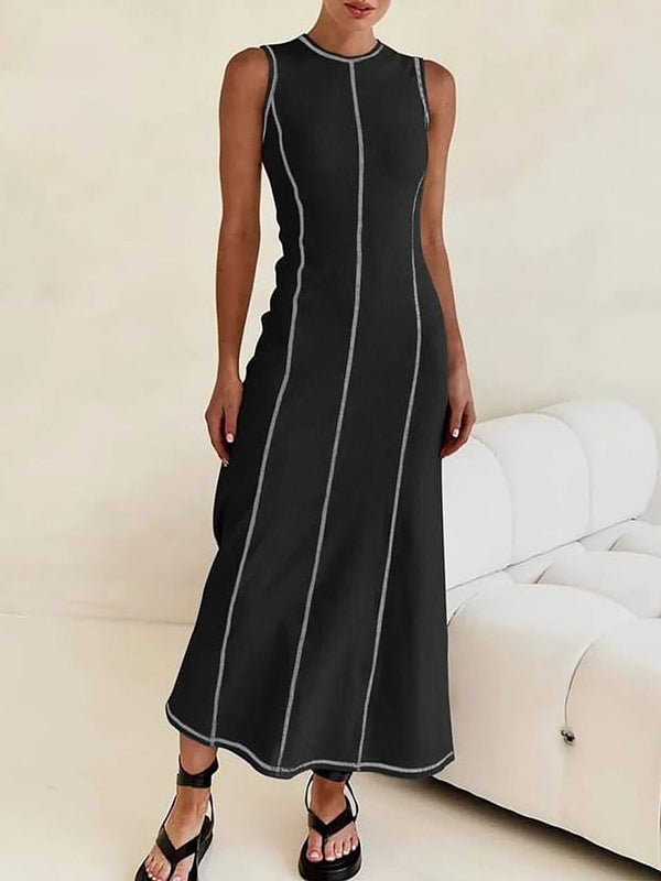 A-line Sleeveless Split-joint Striped Round-neck Maxi Dresses