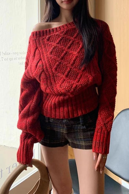 Red Asymmetric Off-shoulder Thick Cable Waist-cinched Sweater