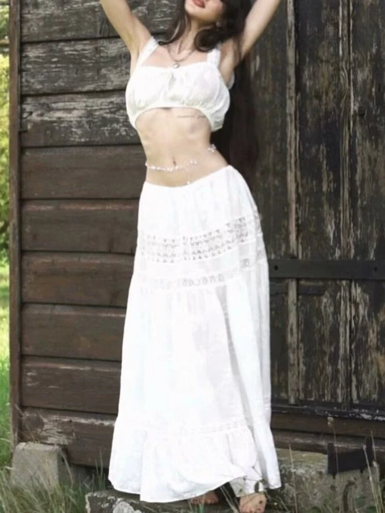 ‘s 2 Piece Sets Bandage Sleeveless Crop Top See Through Lace Up a Line Maxi Dress Holiday Party Lady Outfits