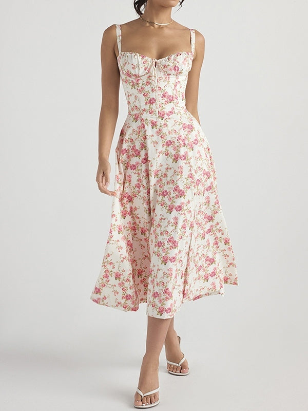 French Ditsy Print Breasted Slim Midi Dress