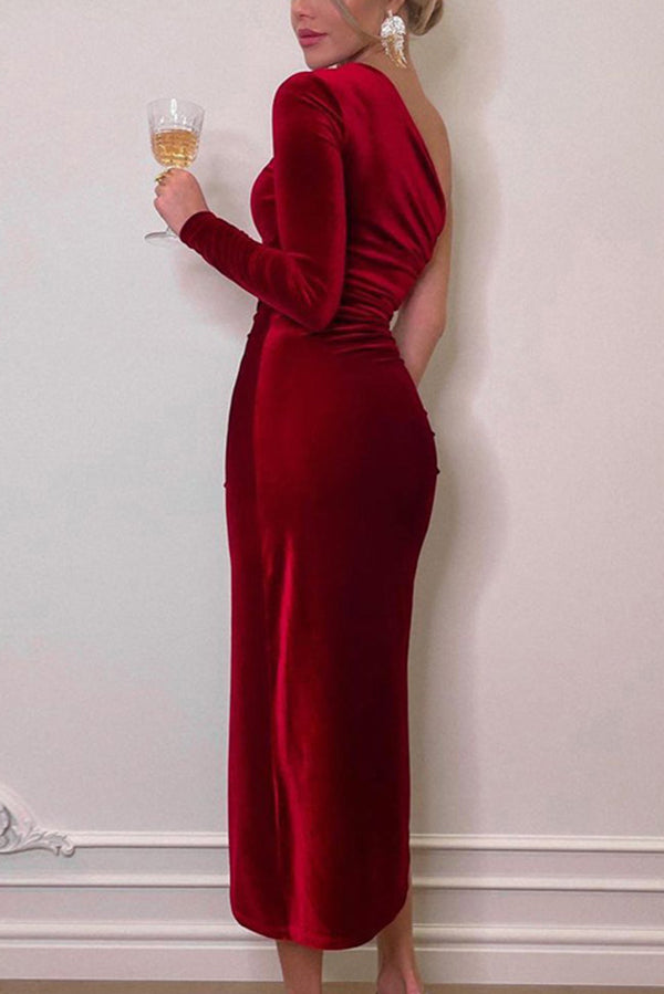 Velvet Single Sleeve Slimming High Slit Midi Dress