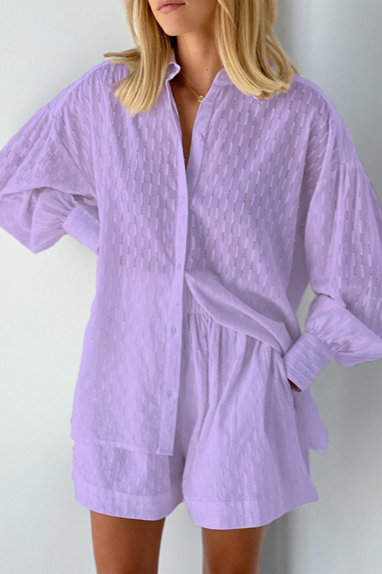 Textured Bubble Sleeve Blouse Shorts Set