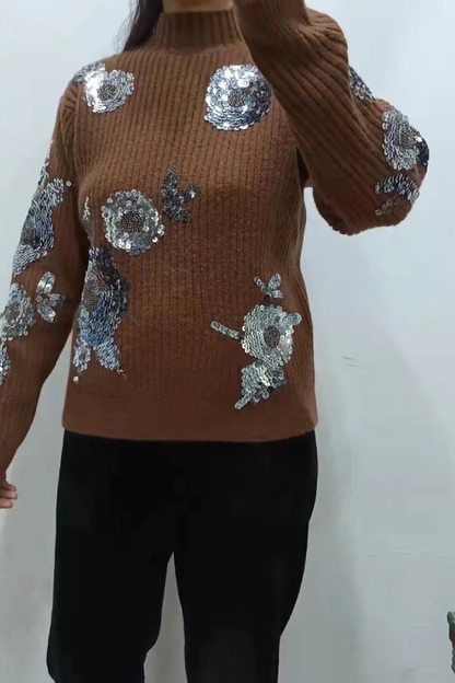 Turtleneck Loose-fitting Sequined Pattern Long Sleeve Knitted Sweater