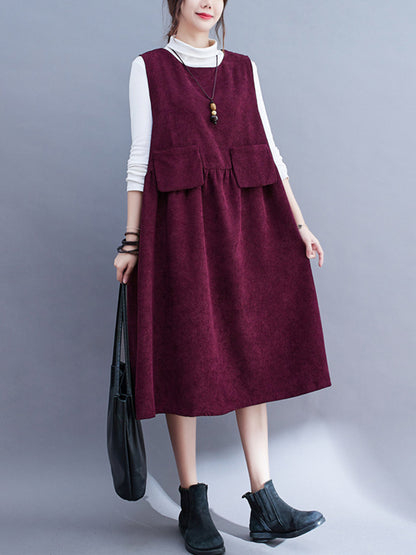 Artistic Retro Loose Sleeveless Color Round-neck Midi Dresses