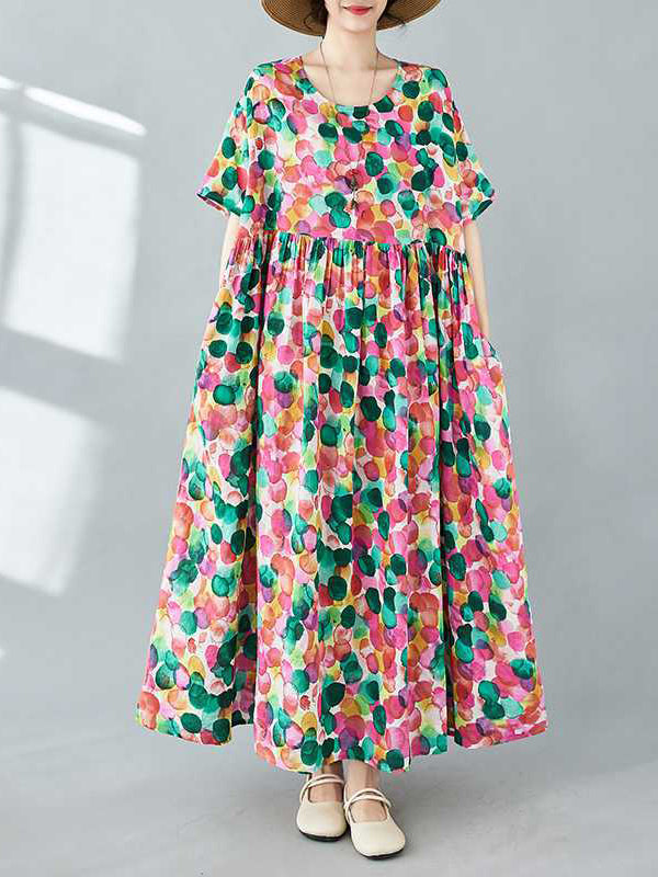 Half Sleeves Loose Pleated Polka-dot Printed Split-joint Round-neck Midi Dresses