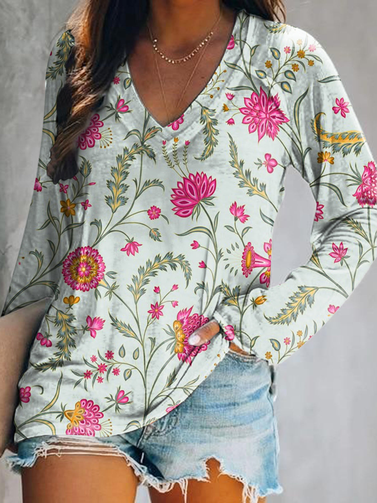 Women's Vintage Floral Art Print Casual V Neck Long Sleeve Tops