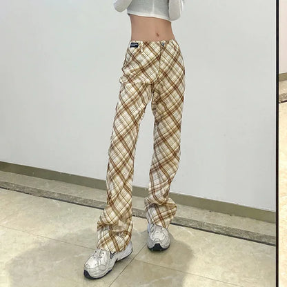 Y2k New Plaid Trousers High Waist Pants 90s Straight Wide Leg Pants Capris Harajuku Aesthetic Bottom