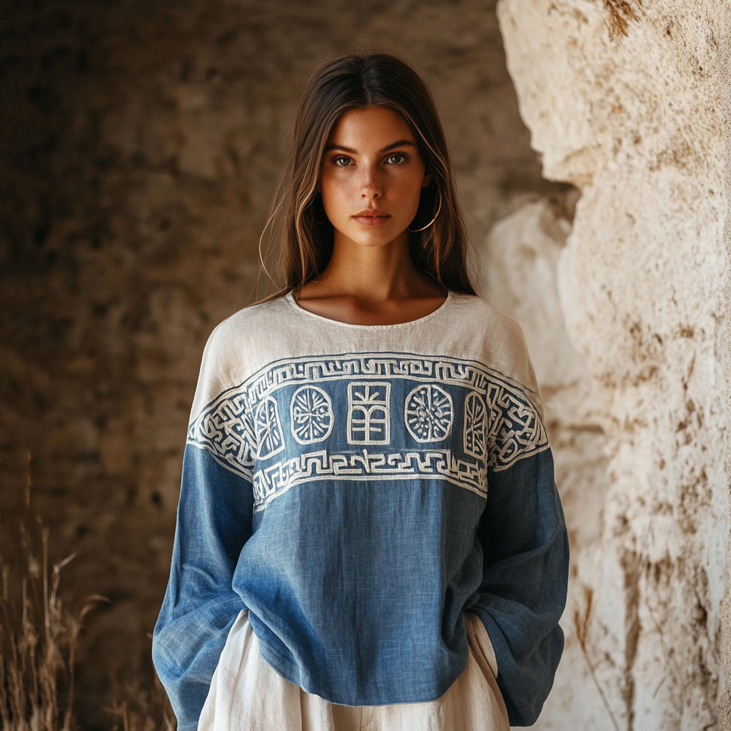 Vintage Greek Key Art Embroidered Linen Blend T-shirt elevenforest
