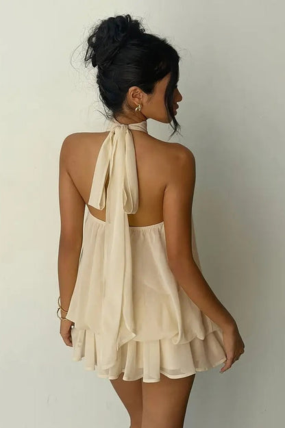 Backless Halter Tie Waist Slim Fit Ruffled Mini Dress