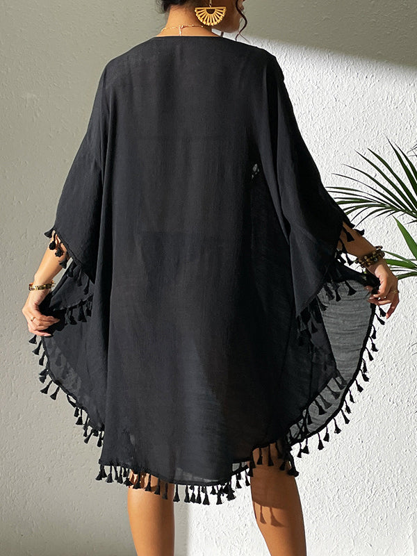 Batwing Sleeves Loose Hollow Color Sun Protection Tasseled Round-neck Cover-ups Tops Midi Dresses