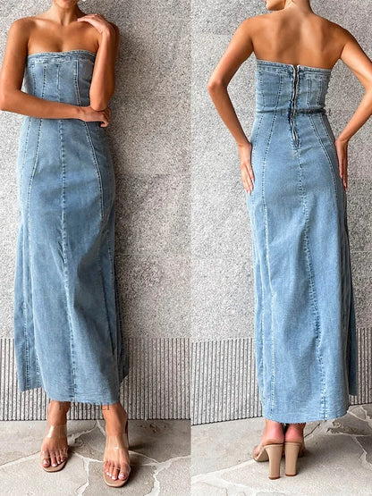 Side Slit Denim Bodycon Dress for Slim Sleeveless Maxi Dresses ’s Street Woman Autumn New