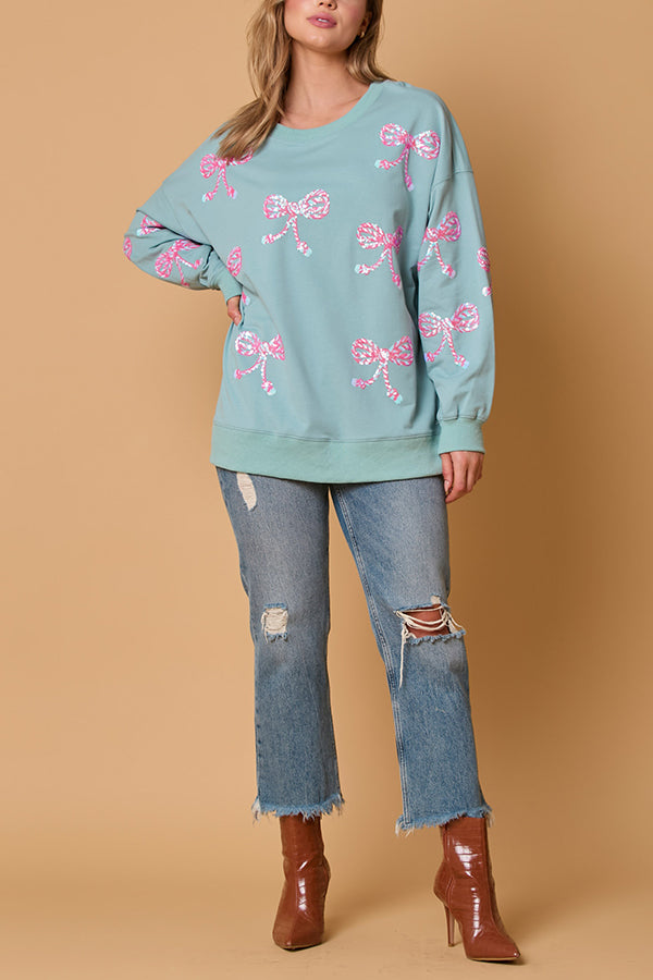 Christmas Bow Sequin Loose Long-sleeved Sweatshirt