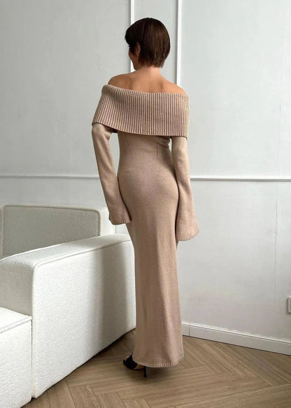 Off-shoulder Elegance - Ribbed Knit Maxi Dress