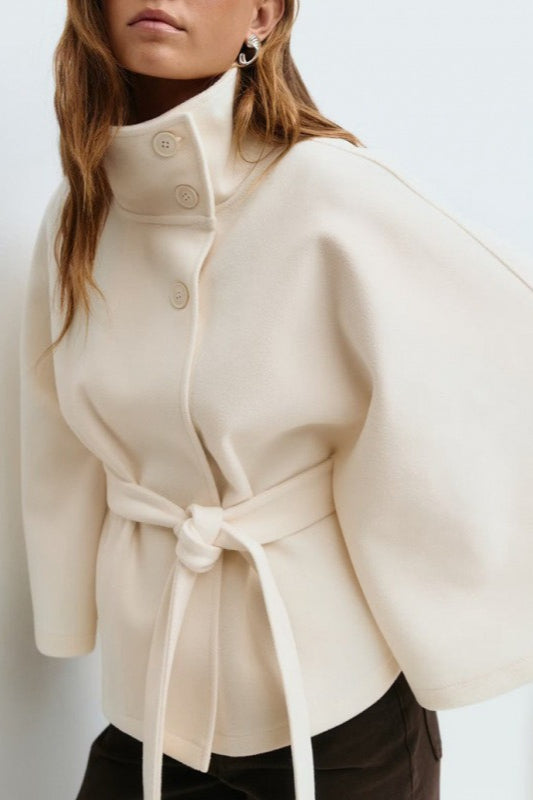 Cape Stand Collar Buttoned Waist-tied Trench Coat