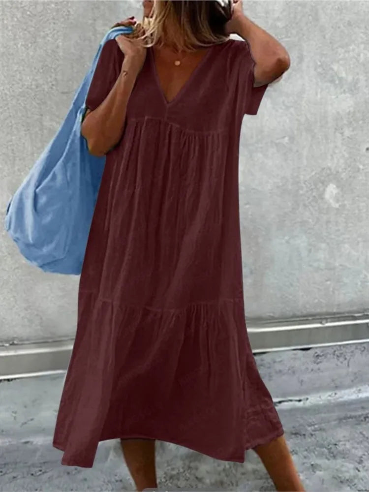 Color Cotton Linen Midi Dresses V-neck Short Sleeves Loose Dress Simple Style Lady Commuting Vestidos