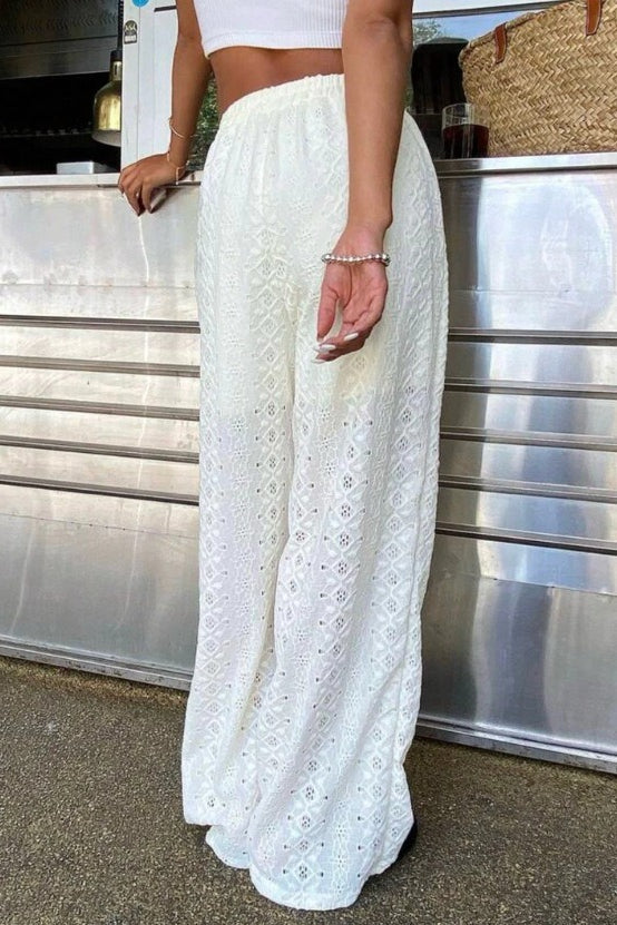 Cutout Embroidered Elastic Waist Pants