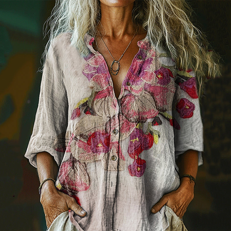 Women's Vintage Floral Art Print Casual Cotton And Linen Shirt elevenforest