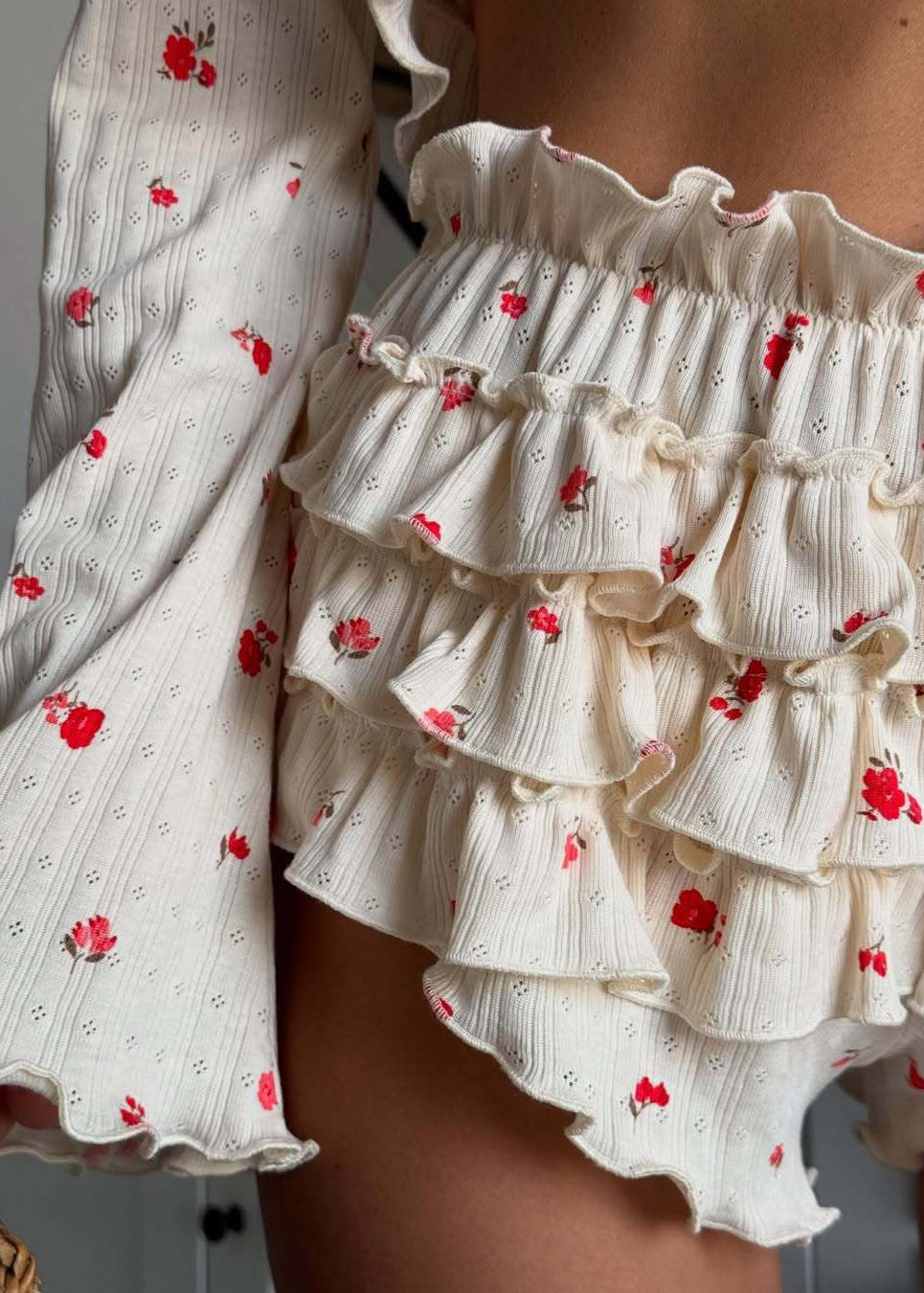 Whirl - Ruffle Two-piece Set With Tie Front Crop Top