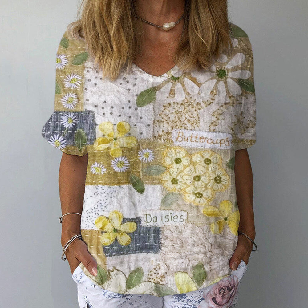 Boho Daisy Flower Patchwork Art Vintage Women's Linen T-shirt elevenforest