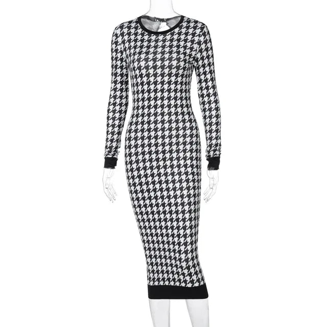 Houndstooth Print Long Sleeve Midi Dress Hollow Out Bodycon Autumn Winter Club Slim