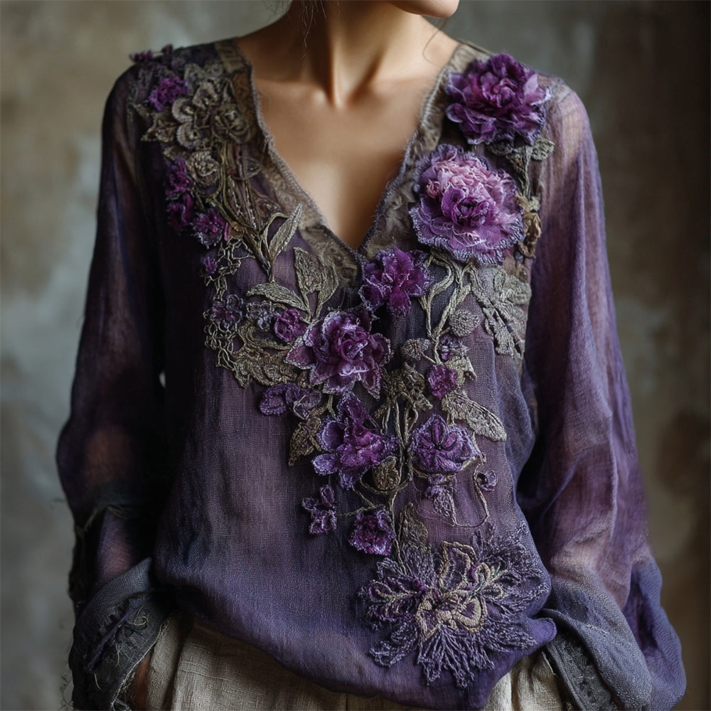 Vintage Gauze Floral Embroidery Women's V-neck Linen Long Sleeve Shirt elevenforest