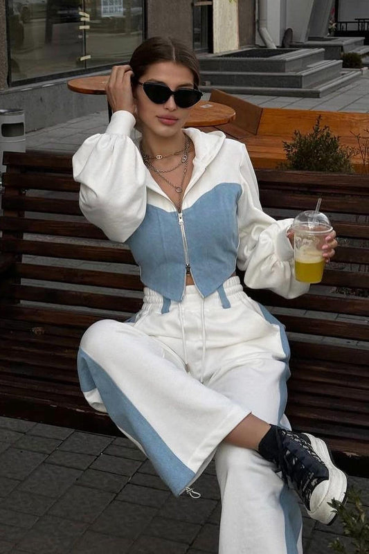 Color Block Hoodie Denim Two Piece Pants Set