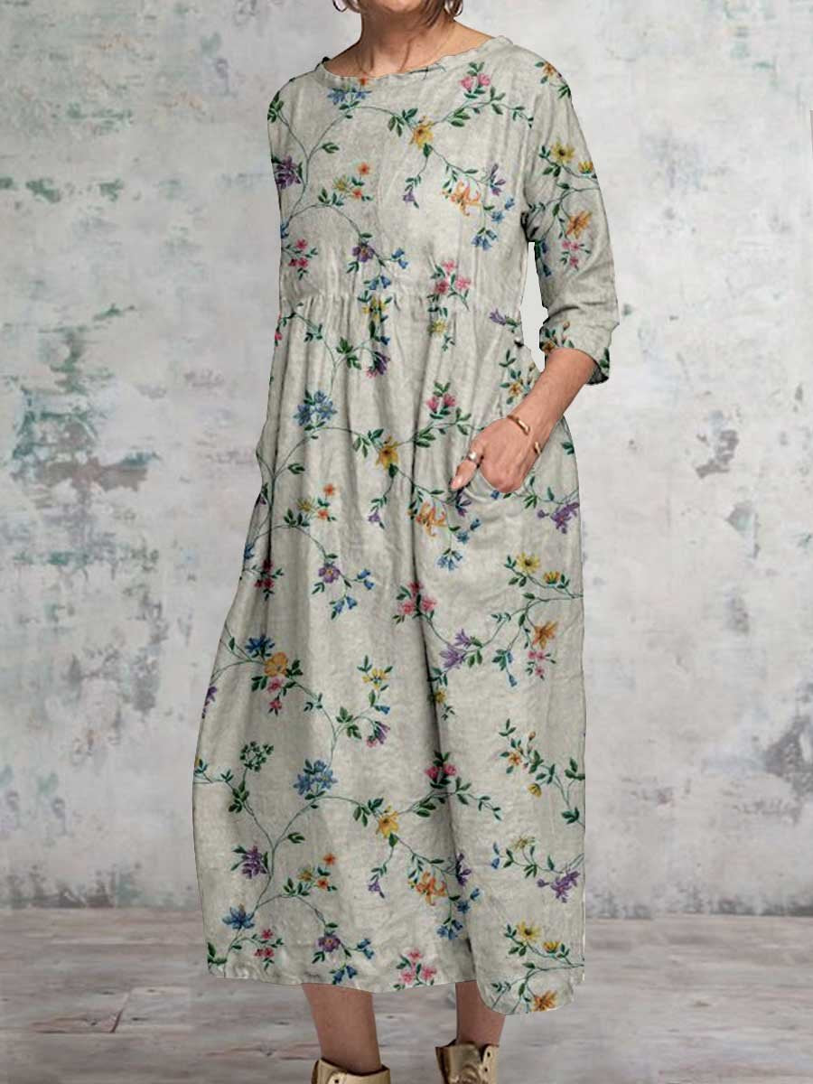 Women's Elegant Floral Classic Round Neck Cotton and Linen Dress