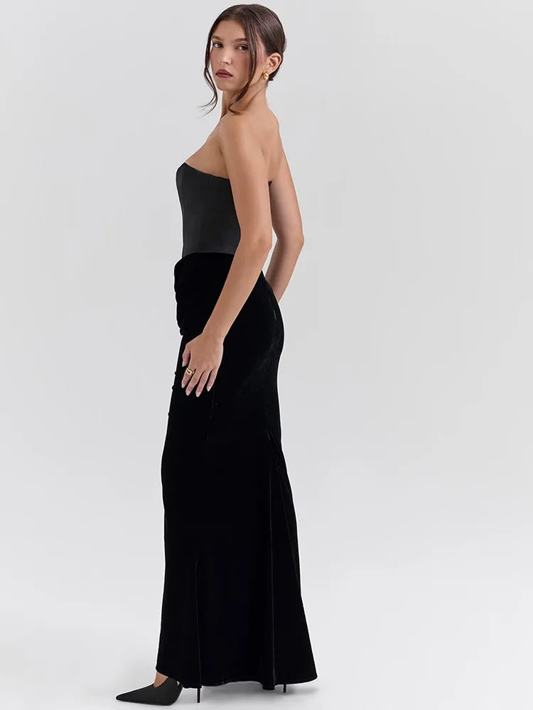 Strapless Bodycon Patchwork Backless Party Club Evening Dress Tight Long Dress Slim Fishbone Vestido