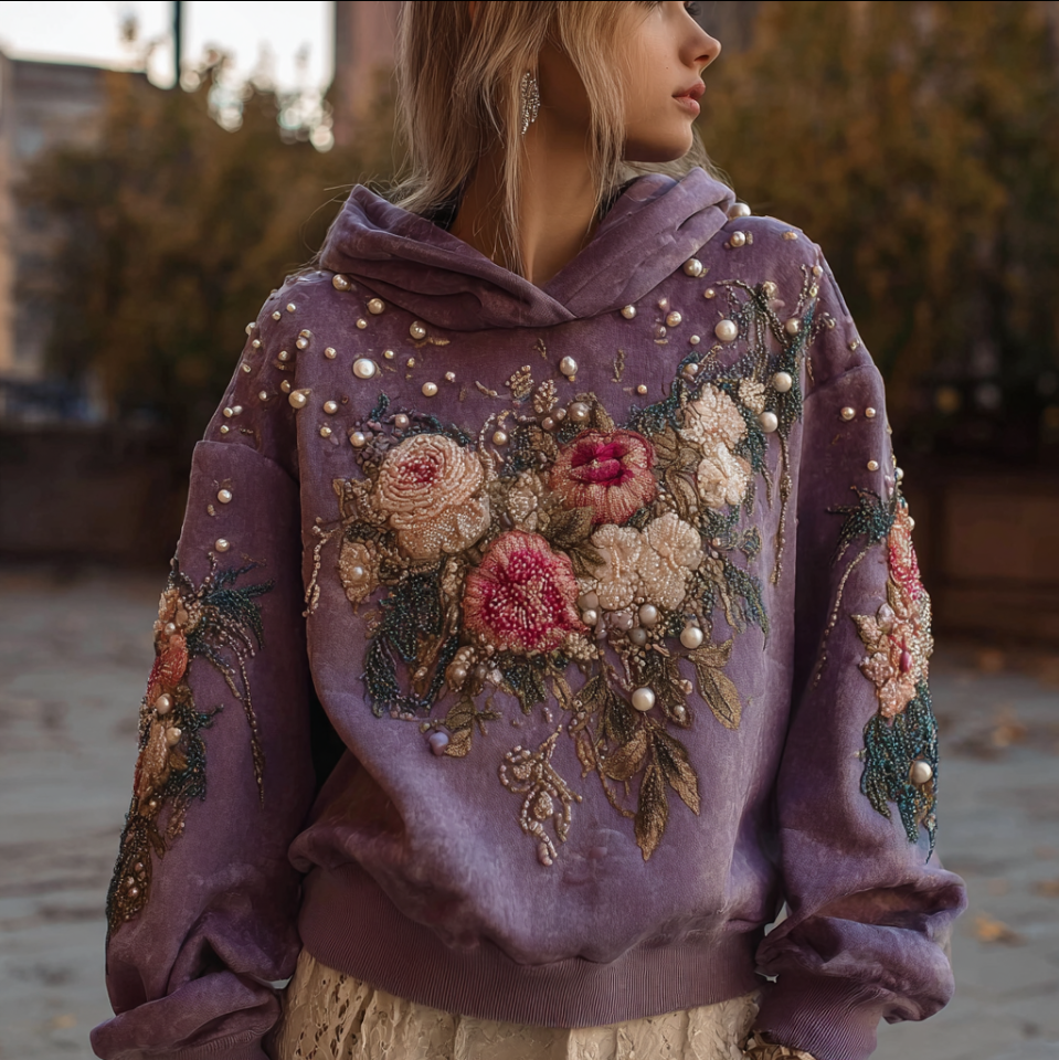 Bohemian Style Plant And Flower Embroidery Pattern Women's Hooded Sweatshirt elevenforest
