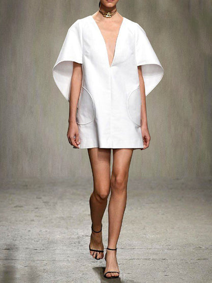 Half Sleeves Loose Color Deep V-neck Mini Dresses