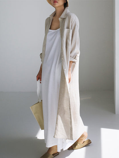 Simple Long Sleeves Split-side Color Lapel Midi Dresses Shirt Dress
