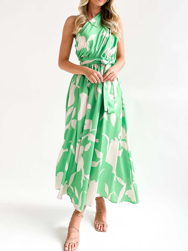 Loose Sleeveless Bandage Contrast Color Hollow Printed One-shoulder Midi Dresses