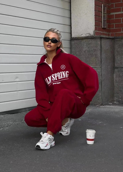 Palm Springs Vibe - Letter Print Zip-up Sweater Set